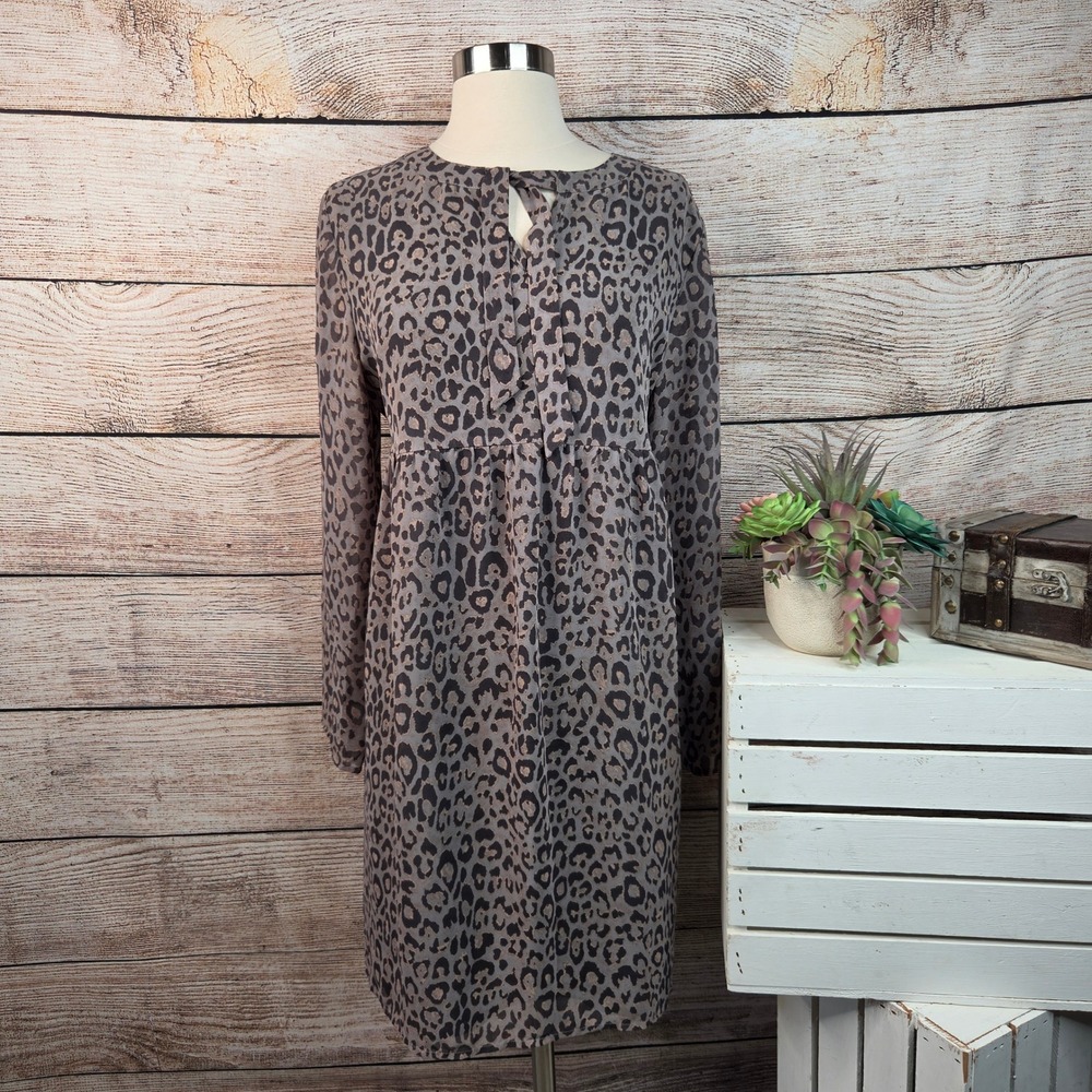 5/$25 Loft Outlet Womens Gray Leopard Print Long Sleeve Tie Shift Dress Size M